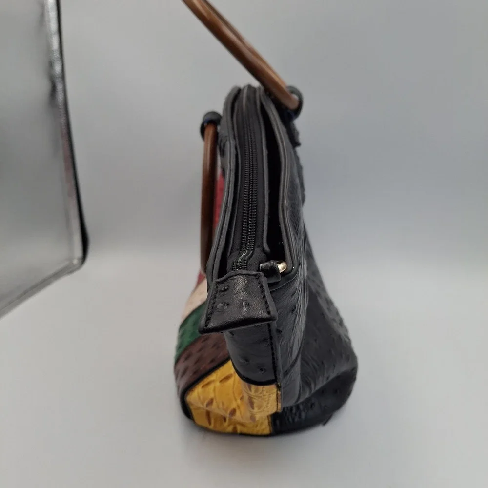 Colorblock Faux Ostrich & Alligator‎ Embossed Handbag with Wooden Ring Handles